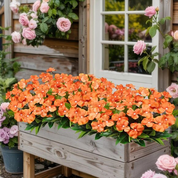 2-Pcs Orange Artificial Faux Silk Flowers Hanging Basket Lawn Garden Decoration - Picture 4 of 7